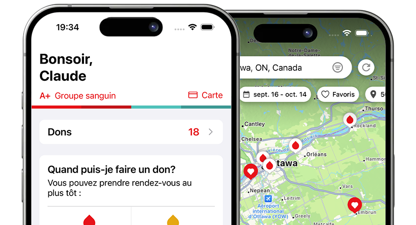 Deux téléphones cellulaires affichant des écrans de l'application GiveBlood, l'un montrant l’écran pour prendre rendez-vous et l'autre, une carte des centres de donneurs.