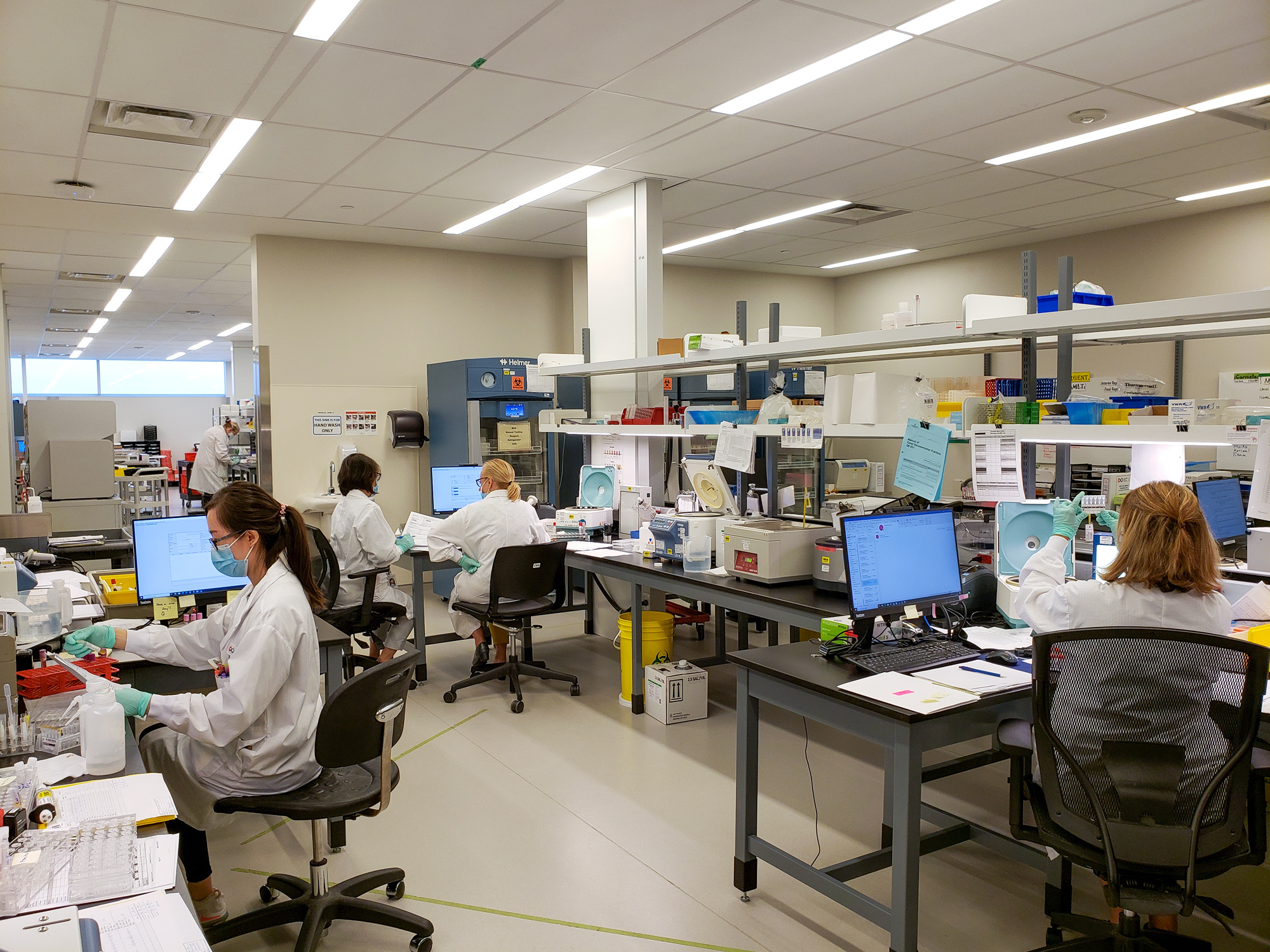 Image of medical laboratory technologist, Francine Tang, Shahla Azizi-Moghadam, Ewa Markiewicz, and Minda Agpalo working at the testing lab trying to figure out how to meet the patient need of blood rare types.
