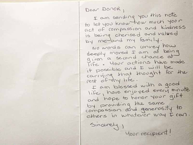Image of a note on a card for Manuel Gamperl from Diane Charlebois