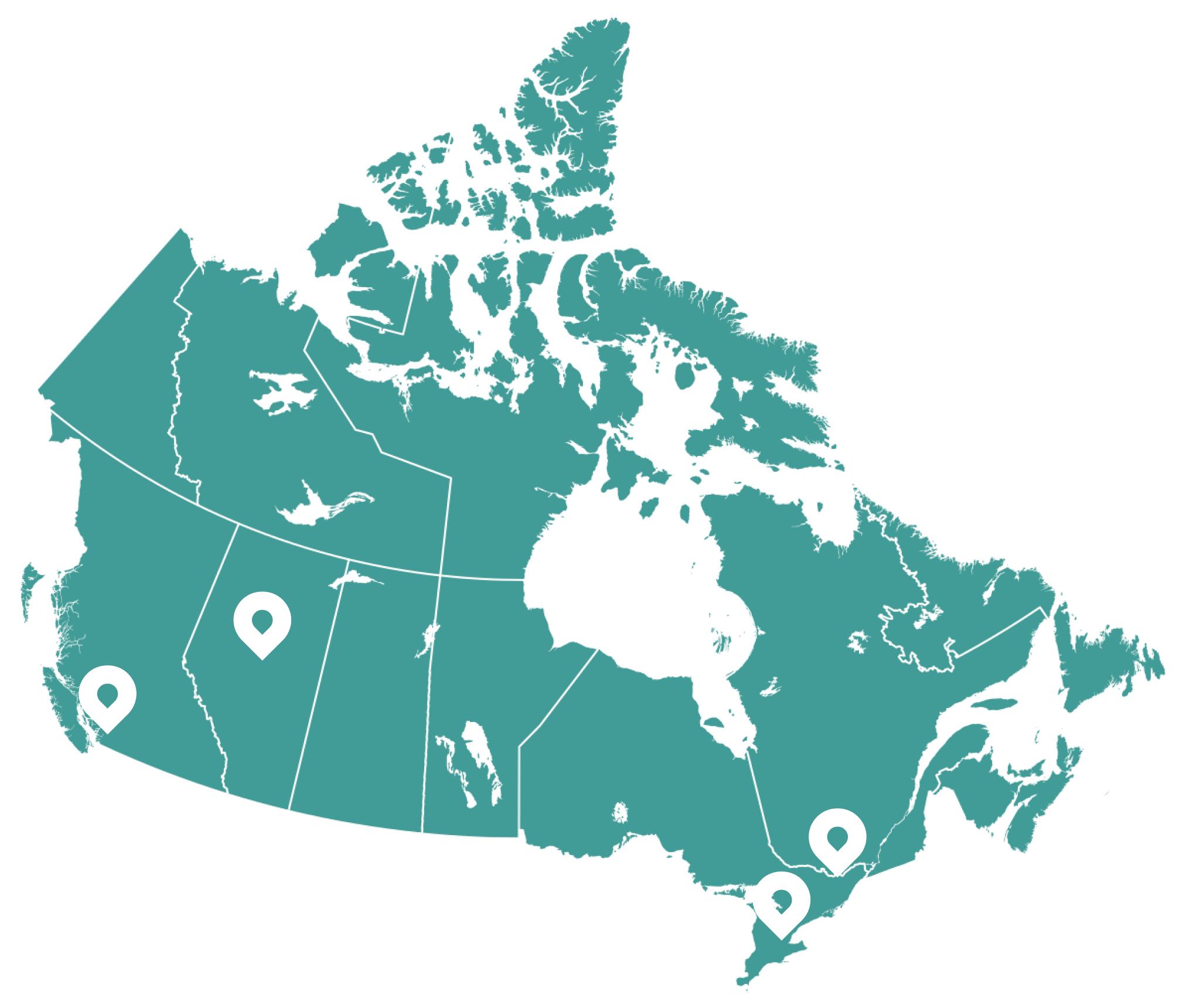 Map of Canada showing cord blood donation locations in Vancouver, Edmonton, Brampton and Ottawa
