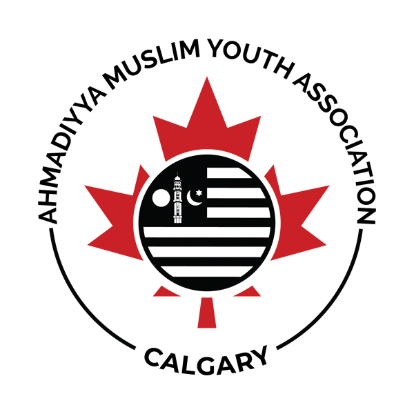 Circular logo of Ahmadiyya Muslim Youth Association - Calgary with a red maple leaf in the middle along with a flag