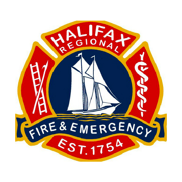 Logo of Halifax Regional Fire & Emergency with red and blue colours. Established in 1754