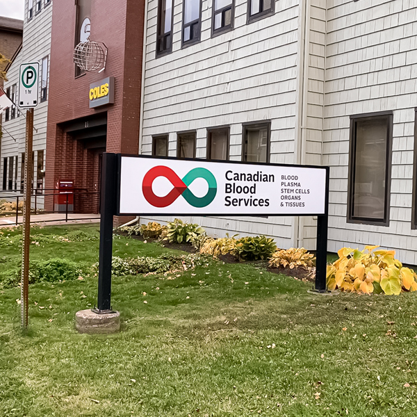 Image of Charlottetown donor centre with the Canadian Blood Services signage outside.
