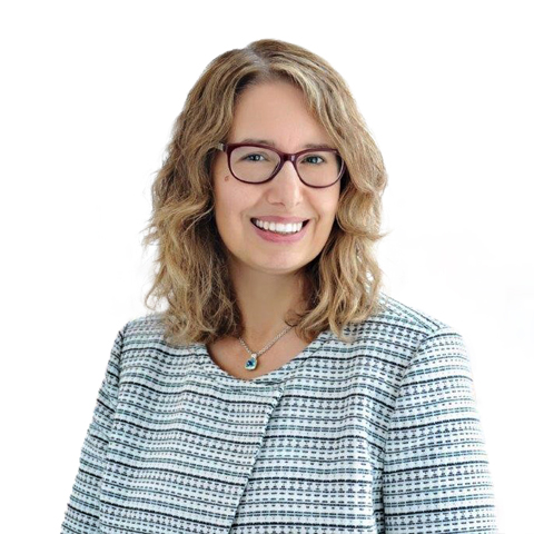 Jennifer Camelon, woman with long blonde curly hair with black glasses