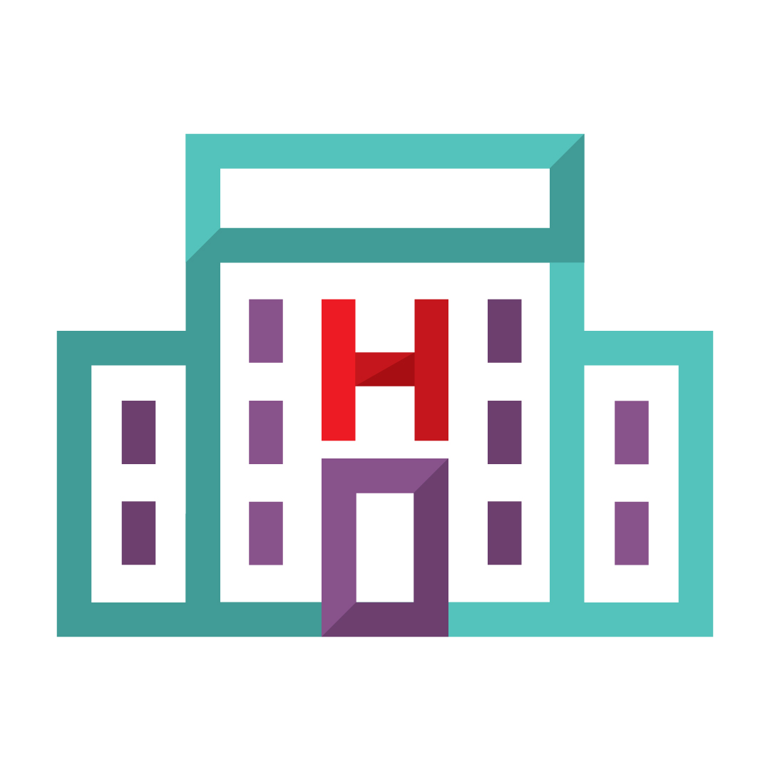 Icon of an outline of a hospital with the letter H.