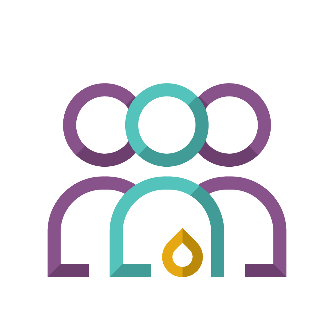 Icon of three people with a yellow outline blood droplet with the first person in teal.