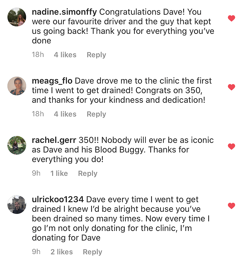 People congratulate David Neu for his milestone 350th donation on social media. Nadine writes “Congratulations Dave! You were our favourite driver and the guy that kept us going back! Thank you for everything you’ve done.” Meags writes “Dave drove me to the clinic the first time I went to get drained! Congrats on 350 and thanks for your kindness and dedication!” Rachel writes “350! Nobody will ever be as iconic as Dave and his blood buggy. Thanks for everything you do!” Ulrick writes “Dave every time I went