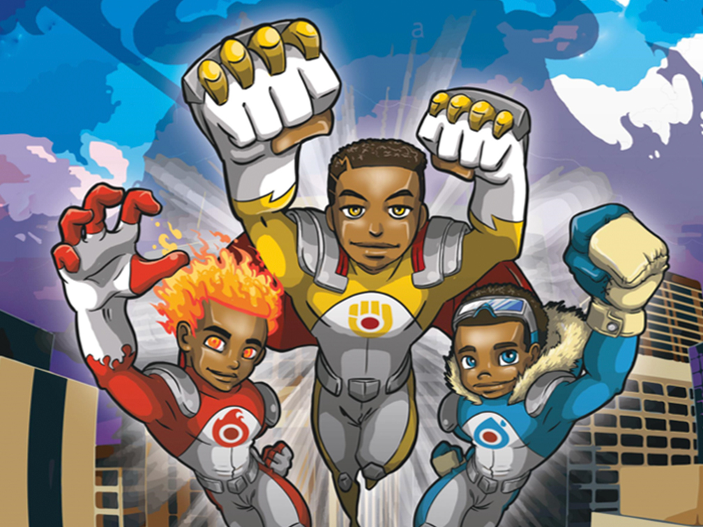 An image from the cover of the book The Battle for Ottogatz shows the Super Felix Brothers, who were inspired by the author’s three sons, taking off into the sky together