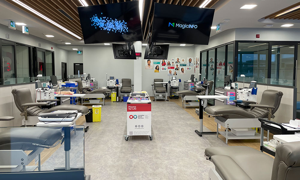 Plasma donor beds inside the new plasma donor centre in Brampton, Ont.