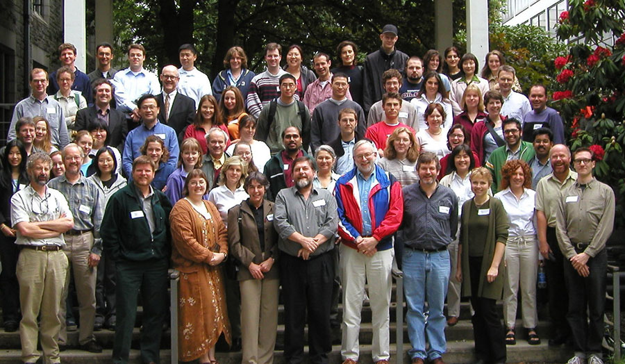 Group of Centre for Blood Research standing on steps taking a photo back in 2002