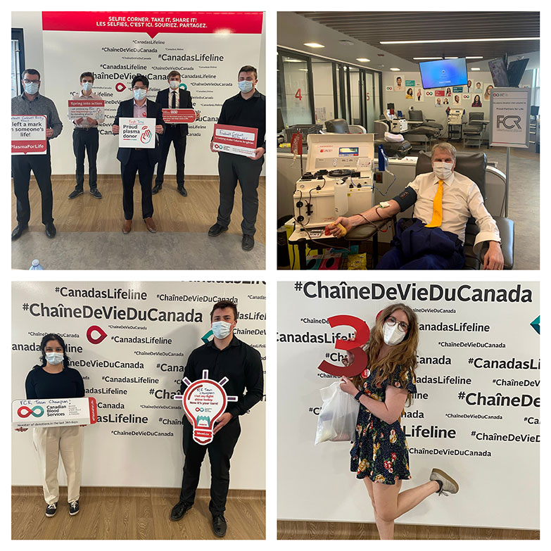 Collage of team members from Freedlandt Caldwell Reilly LLP at Canadian Blood Services Donor Centre.
