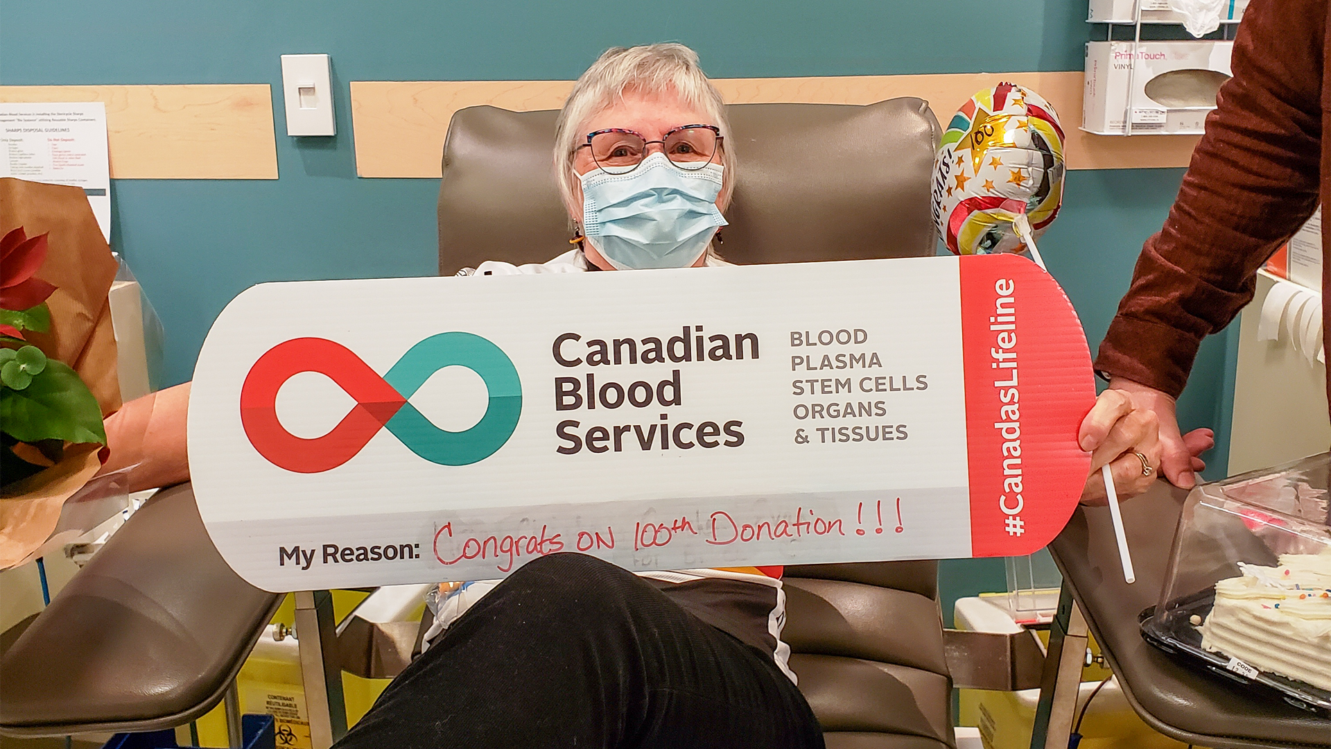 Ramblers Blood donor Lynn Lindeijer donating blood for the hundredth time