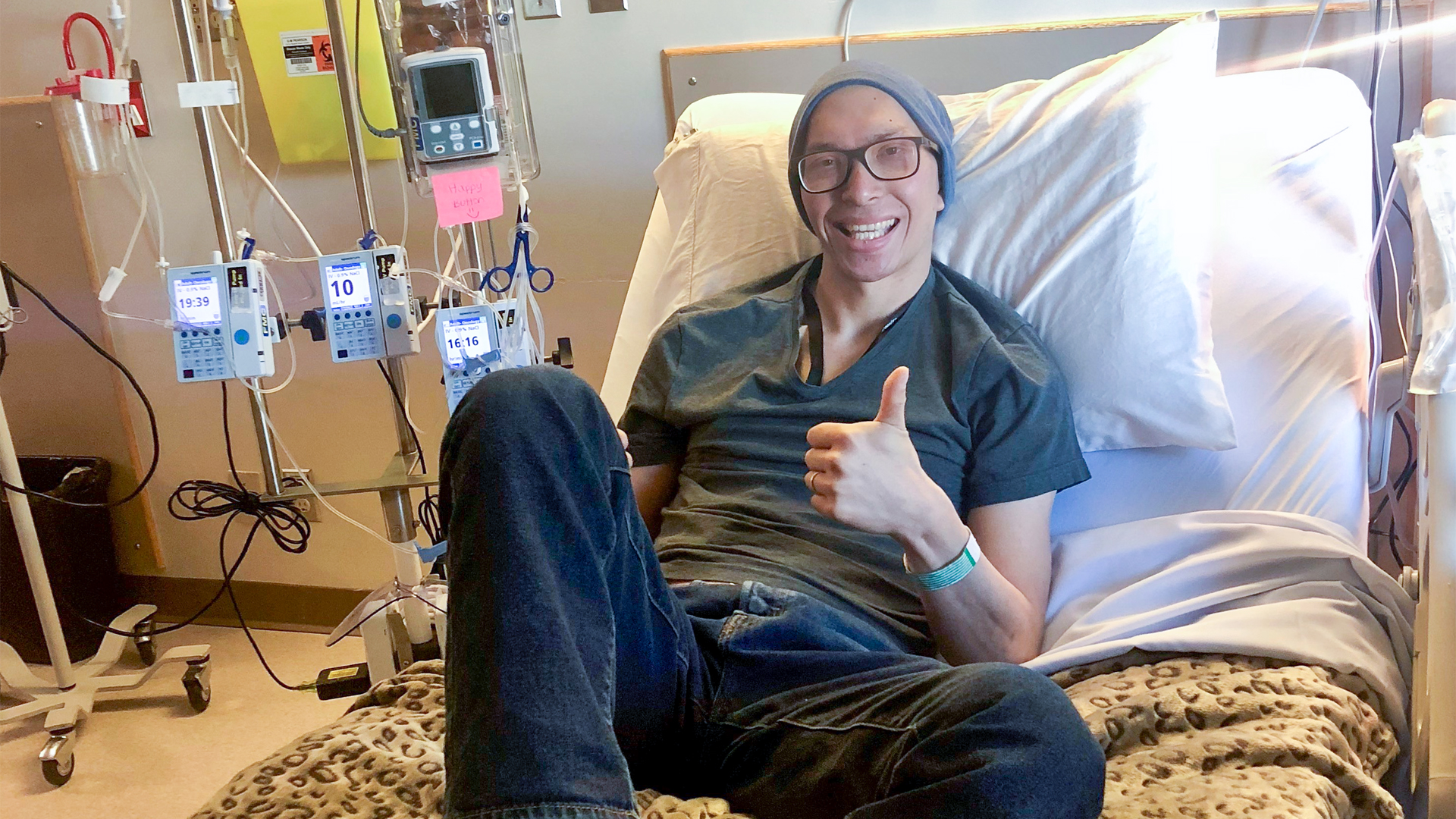 Michael receiving treatment in the Hematology unit at the Tom Baker Cancer Centre in Calgary