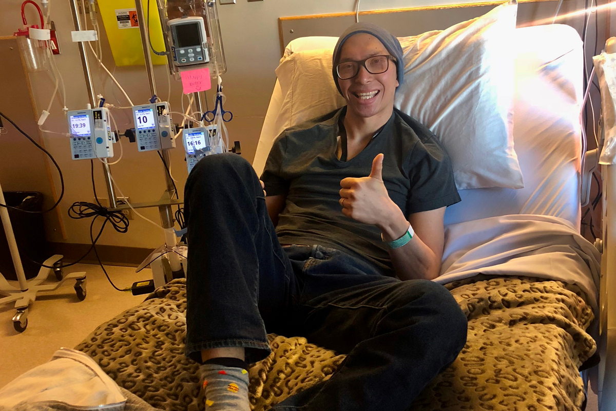 Michael receiving stem cell treatment in Hematology unit at Tom Baker Cancer clinic in Calgary
