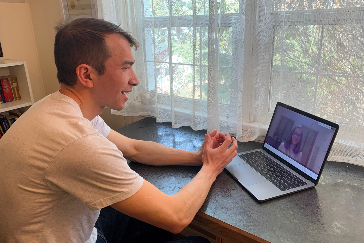 Mike on video Call with stem cell donor Christian Kruck via Skype