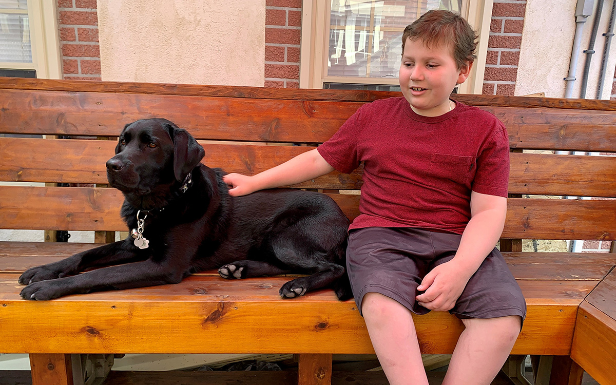 A boy sits on a bench with a hand on the back of his black dog.