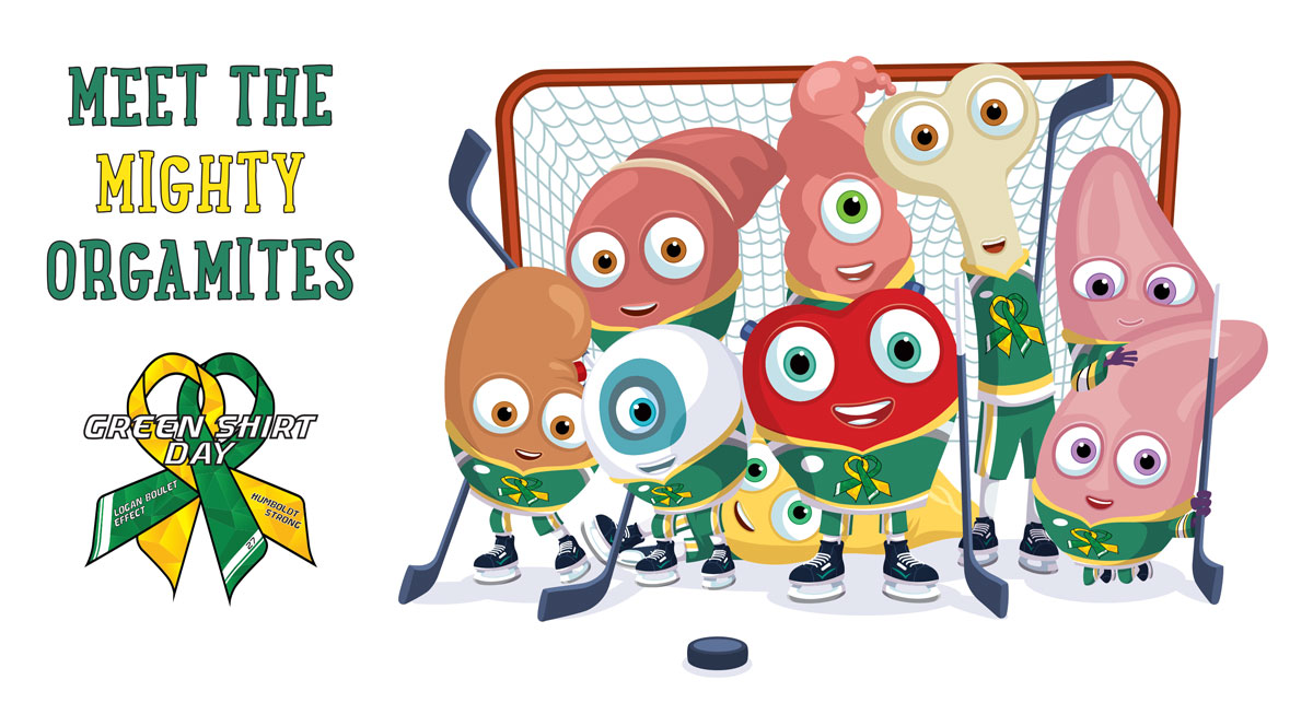 Orgamities wearing green hockey jerseys with a puck and hockey sticks