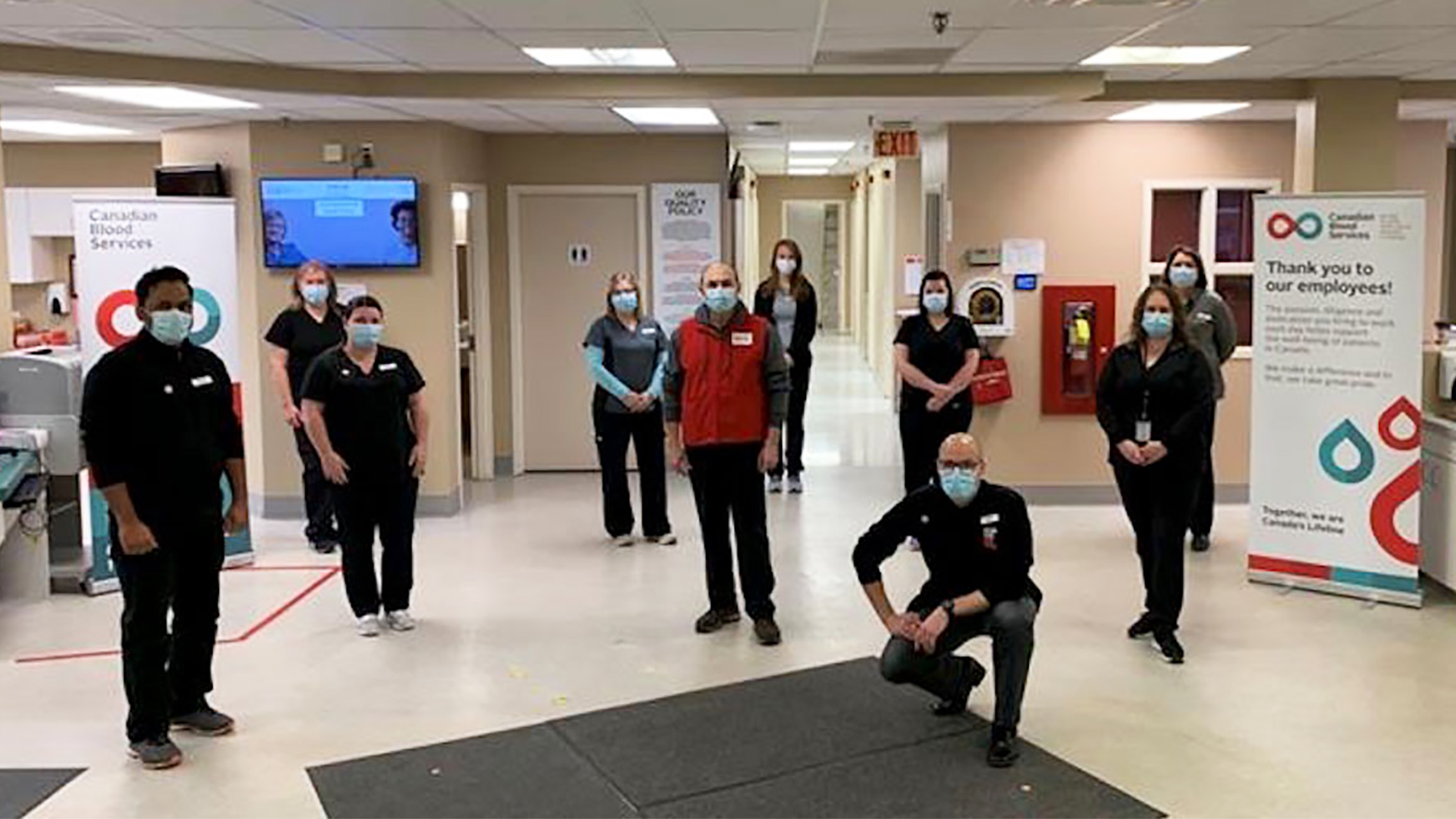 The team at Canadian Blood Services’ donor centre in Charlottetown poses for a picture in their masks. The team was announced as a winner of a Living our values award at the Honouring Canada’s Lifeline event.
