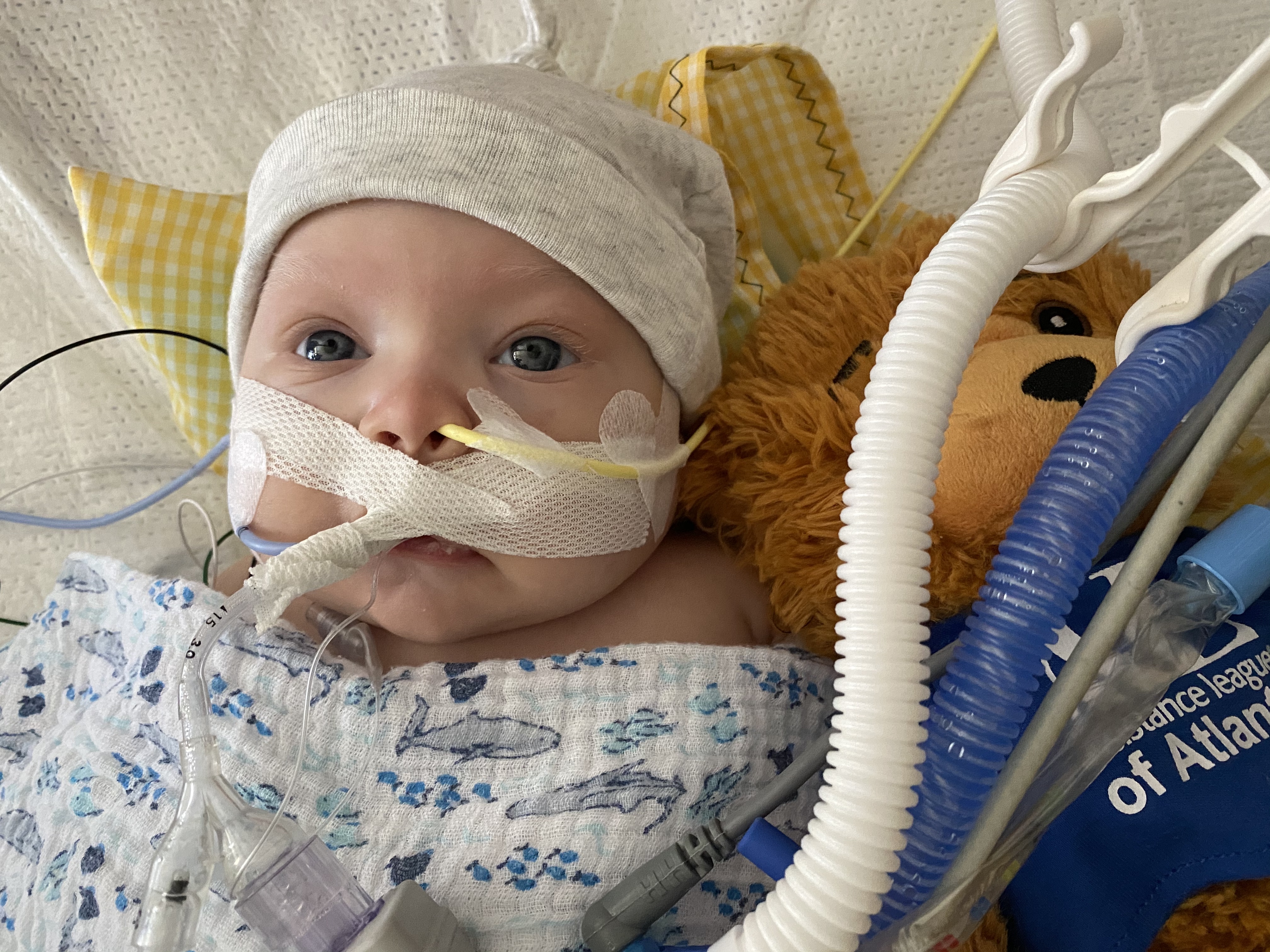 Stem cell recipient Austin Mares connected to tubes in hospital
