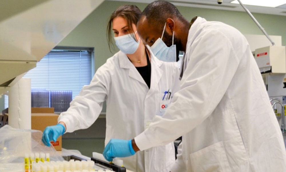 Canadian Blood Services researchers working in the seroprevalence lab