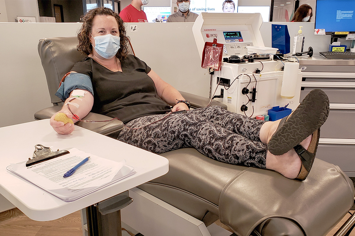 Plasma donor Shannon Morrison sitting in the donation chair