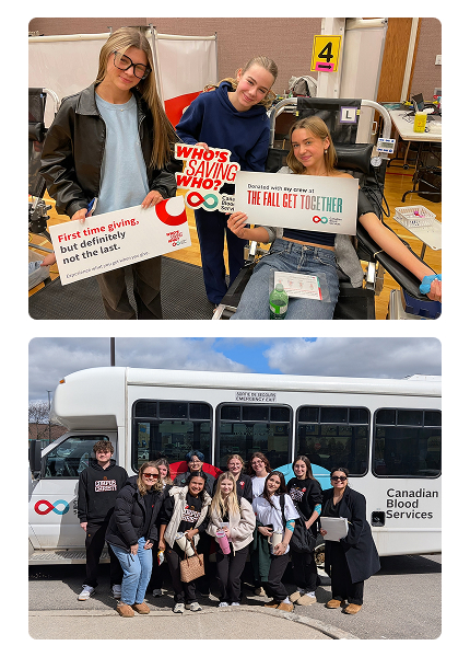 Un collage ludique de 2 photos de jeunes donneurs et donneuses. Certains tiennent des pancartes aux couleurs de la Société canadienne du sang pendant et après leurs dons, et d’autres se trouvent devant un bus de la Société canadienne du sang.