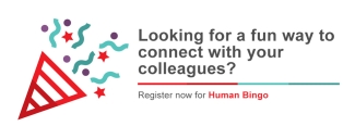 Graphic of with a party hat icon and confetti for Human Bingo and looking for a fun way to connect with your colleagues.