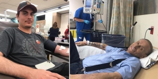 Nathan Bacon, left, was inspired to become a blood donor by his grandfather, Albert Kardash, seen here receiving one of his many transfusions.