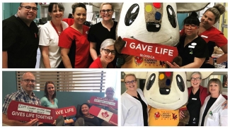 Collage of 2019 Canada Winter Games with the host committee promoting on donating blood