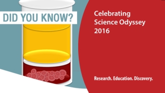 Title card with text reading: &quot;Did you know? Celebrating Science Odyssey 2016. Research. Education. Discovery.&quot; and image of beaker filled with blood components