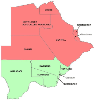 Map of malaria risk in various areas of Botswana