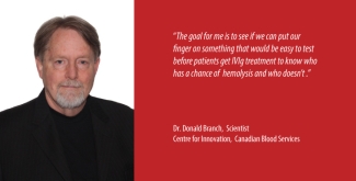 Dr. Donald Branch is a Scientist with Canadian Blood Services’ Centre for Innovation. His lab is located at 67 College Street in Toronto. Dr. Donald Branch is a Scientist with Canadian Blood Services’ Centre for Innovation. His lab is located at 67 College Street in Toronto.