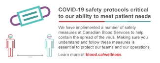 Graphic image of COVID-19 Safety protocols critical to our ability to meet patient needs along with a mask icon and 2 people standing 2 metres apart.