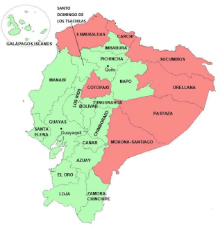 Map of malaria risk in various areas of Ecuador