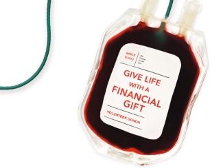 Picture of a blood bag with the word Give Life with financial gift