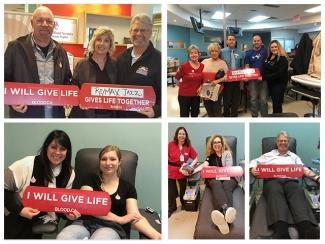 Noël Coppins, owner of Oshawa’s RE/MAX Jazz getting her team to join in on the group blood donation