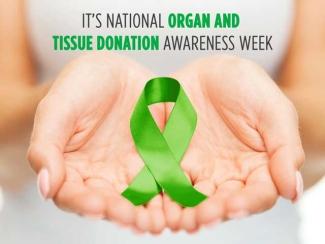 National Organ and Tissue Donation Awareness Week with a pair of hands cupping a green ribbon.