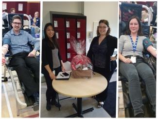Collage of 3 different people, Edmonton Ledcor employee Justin and Melanie donating blood while Elizabeth is standing at the welcome table