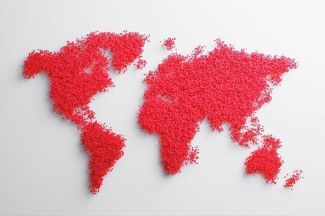 Global matters Poster of a world map on white background with red dots representing the land for Global matters