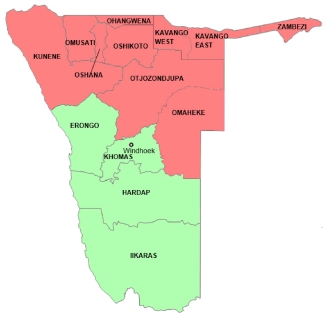 Map of malaria risk in various areas of Namibia