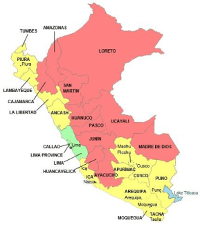Map of malaria risk in various areas of Peru