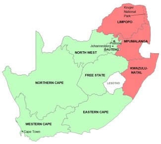 Map of malaria risk in various areas of South Africa