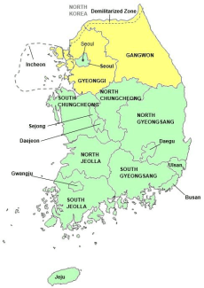Map of malaria risk in various areas of South Korea
