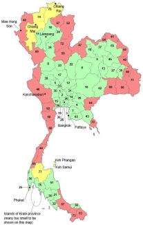 Map of malaria risk in various areas of Thailand