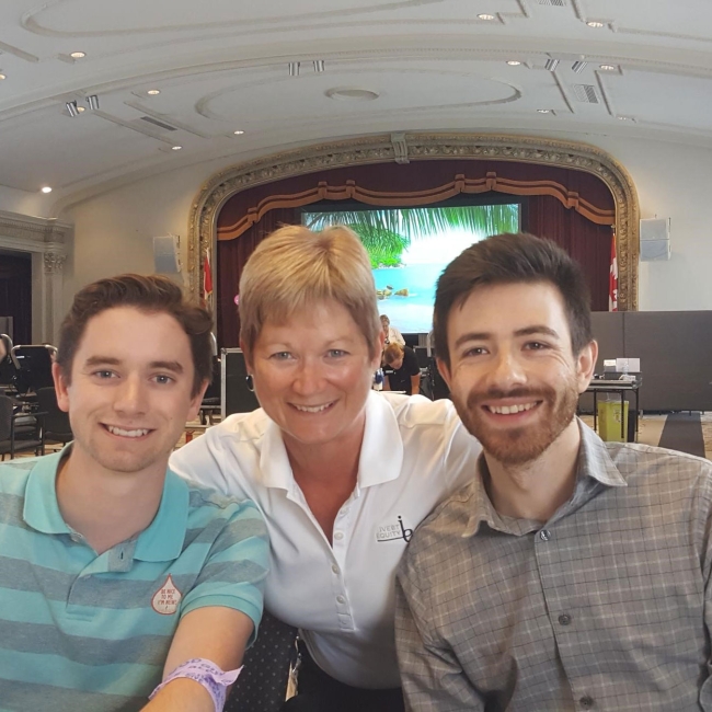 Wes Martin (left, Nancy’s son) and Mac Hayter (right), 2018 summer interns with London Life, donated blood in Nancy’s honour.