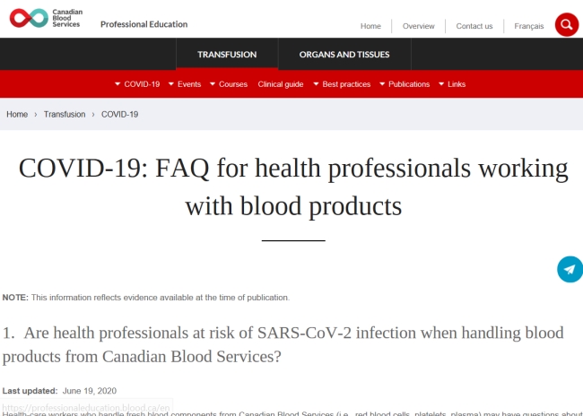 Screenshot of COVID-19 FAQ for health care workers