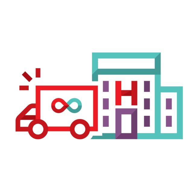 Graphic icon of a red outline truck with a blood droplet driving away from the hopsital