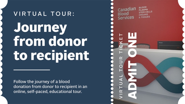 Virtual ticket design that says &quot;Virtual tour: Journey from a donor to recipient&quot;
