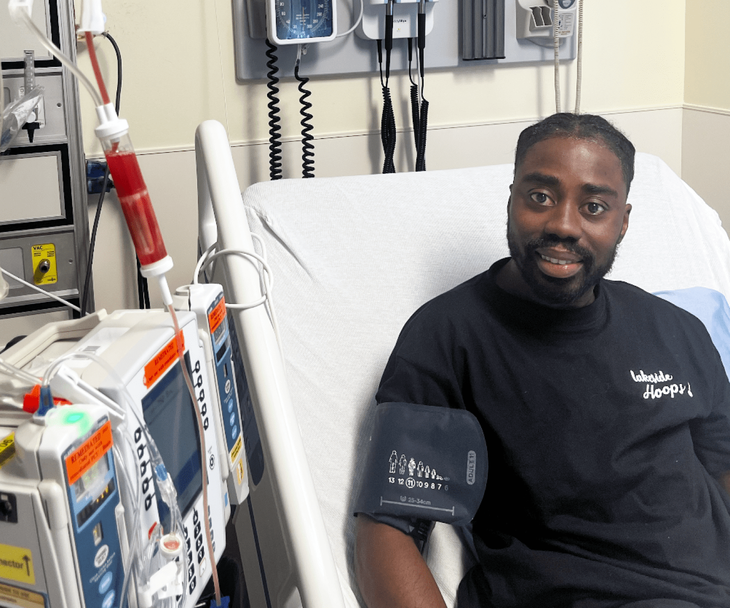 Young man with sickle cell disease receiving stem cell transplant