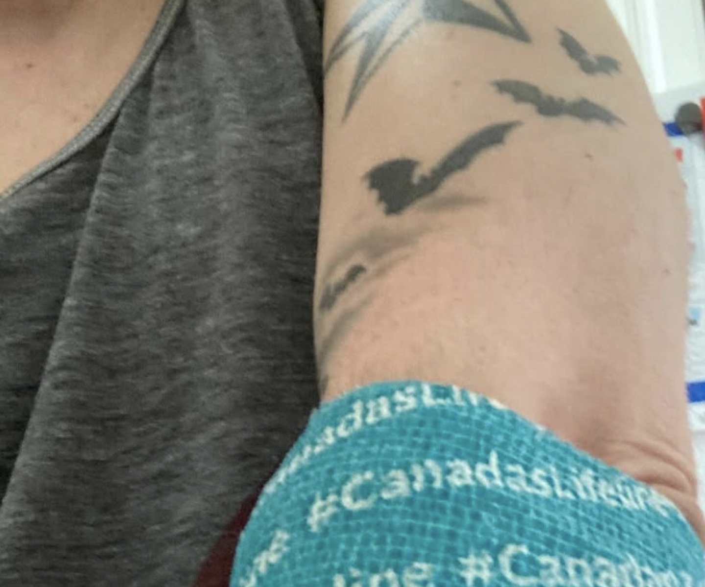 Arm of blood donor with compression bandage and tattoo